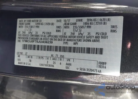 2018 Ford Escape S z USA, uszkodzony, nr VIN 1FMCU0F70JUA56239